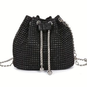 Black Rhinestone Drawstring Bag with Silver Chain